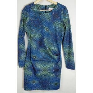 Artelier Nicole Miller Blue Patterned Dress Sleeve Crew Neck Knee Length Size L